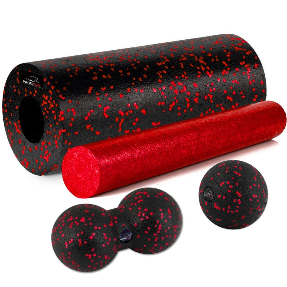 Масажний набір PowerPlay PP_4015 EPP Foam Roller Set 4in1 (2-ва роли + 2-ва м'ячі) Чорно-червоний Кам'янське - фото 1