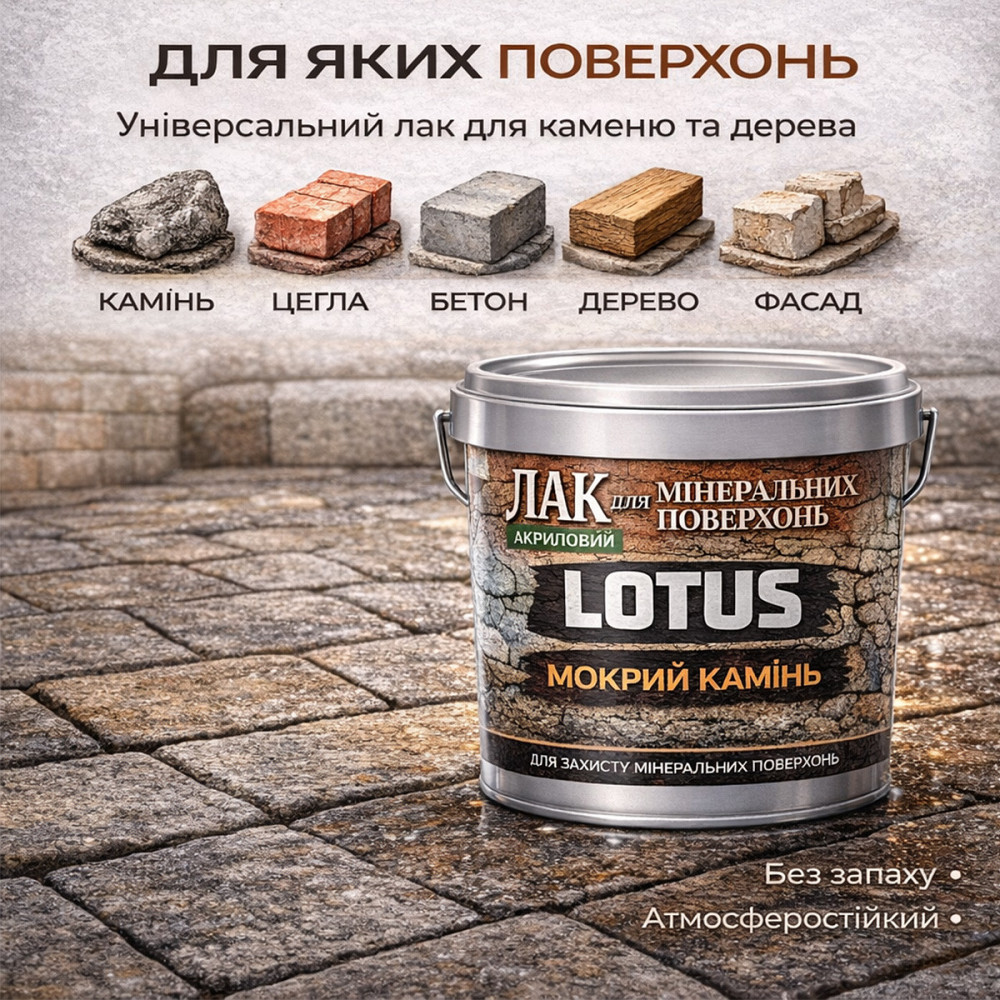 Фасадний лак для каменю та цегли LOTUS «Мокрий камінь» глянцевий акриловий прозорий для фасаду, бетону та дерева 10 л Харків - фото 3