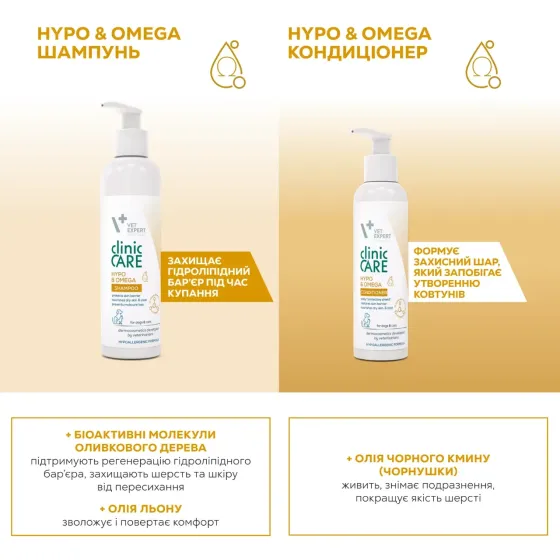 Кондиціонер Vet Expert Clinic Клінік Кеа Care Hypo&Omega Гіпо&Омега для собак і котів з сухою шерстю та шкірою, 150 мл Київ