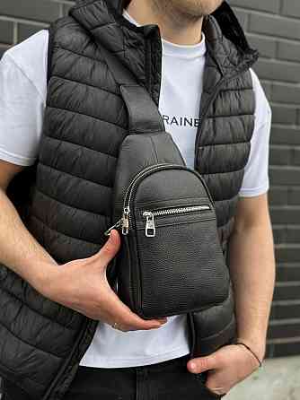 Мужская сумка-бананка через плечо 18х32х7, унисекс рюкзак на грудь с натуральной кожи TIDING BAG 3280 черный Киев