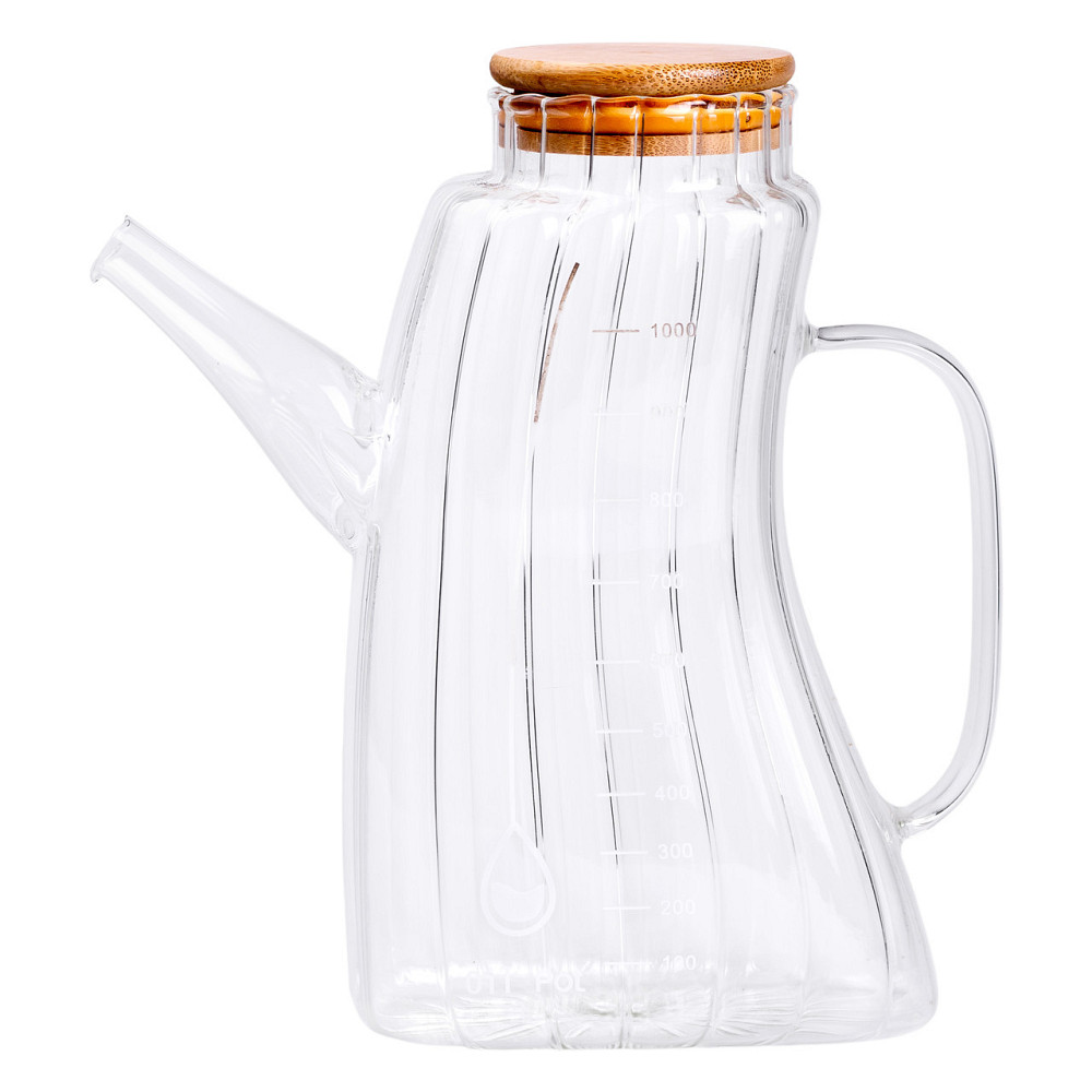 Скляна пляшка для олії 1 л з ручкою та кришкою з бамбука Київ - фото 1