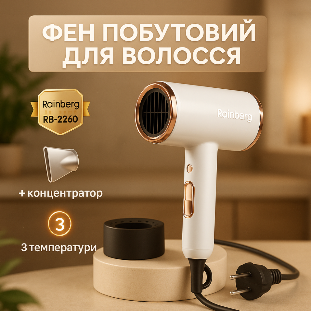 Хороший фен для волос Rainberg, Профессиональный фен для объема Фен-стайлер сушки волос QW-62 Львов - изображение 12