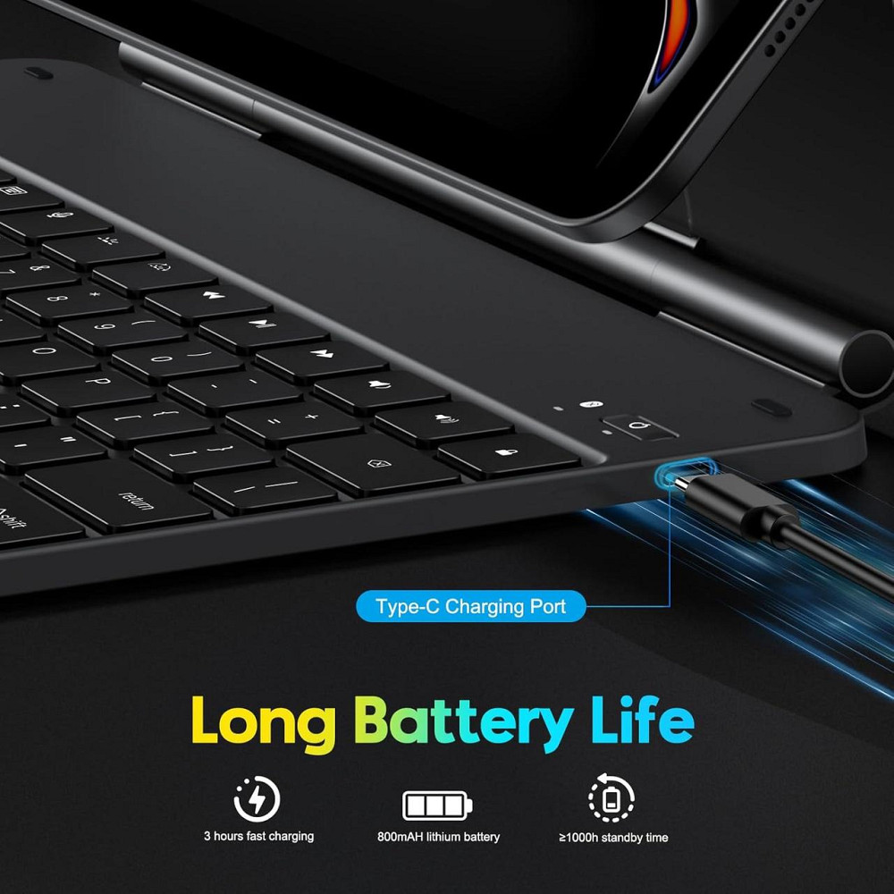 Клавіатура bluetooth для ipad pro 13 m4 2024 чохол з трекпадом підсвітка rgb usb c чорний uk layout кейс Київ - фото 8