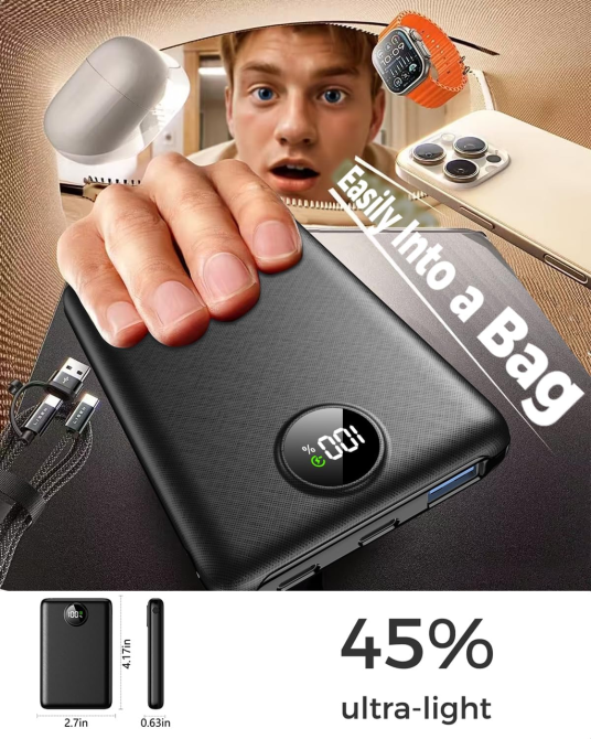 Повербанк LKOY 10000 мАг, 22,5 Вт, швидка зарядка PD 3.0/QC 3.0, 3 порти USB-A/USB-C, LED-дисплей, чорний Київ - фото 9