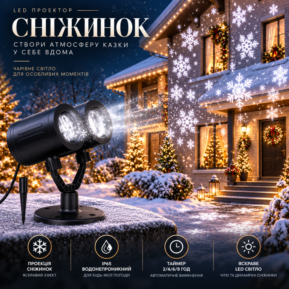 Світлодіодний проектор сніжинок Borelor SnowLight IP65, LED різдвяна ілюмінація для дому та вулиці, таймер, водозахист Київ - фото 16