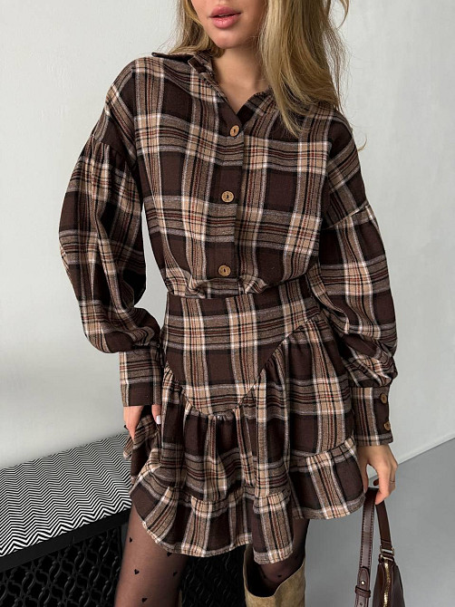 Жіночий стильний костюм-двійка: сорочка та спідниця в карту тіар Шоколадний, 46/48 Одеса - фото 1