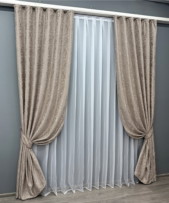 Комплект готовых штор VR-Textil Лен мрамор Pavliani VO № 1717ш серо-бежевый 185х270 см 2 шт (39-119) Киев - изображение 3