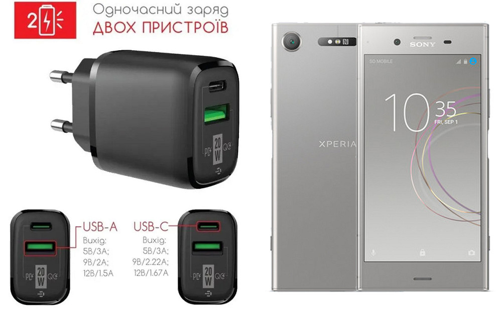 Сетевое зарядное устройство для Sony Xperia XZ1 G8342, 20W 3A, Quick Charge 3.0 Киев - изображение 1