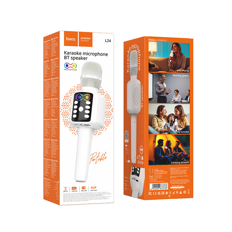 Портативная колонка-микрофон HOCO L24 Shine karaoke microphone, 5W, White Одесса - изображение 2