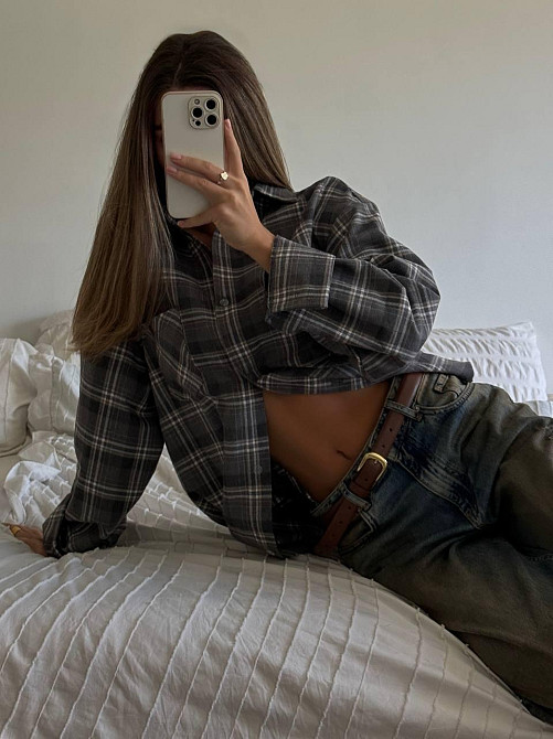 Жіноча трендова сорочка оверсайз у клітинку фланель Сірий Одеса - фото 3