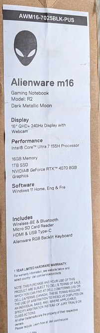 Ноутбук ТОП: DELL Alienware M16 R2 Intel Ultra 7 155H RTX 4070 64Gb. 1TB. SSD. Киев - изображение 2