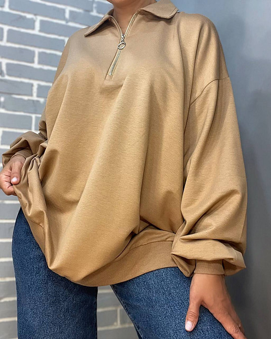 Свитшот женский MY CITY 8779 супер оверсайз свободный воротник молния one size, капучино, one size Киев - изображение 2