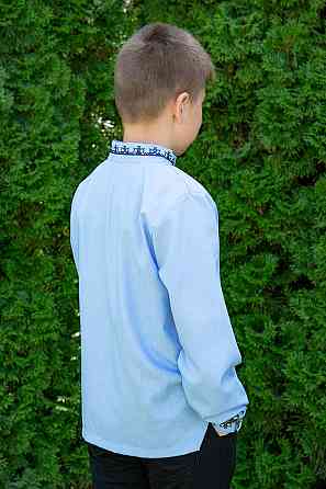 Вишиванка для хлопчиків із довгим рукавом лляна, блакитна Київ
