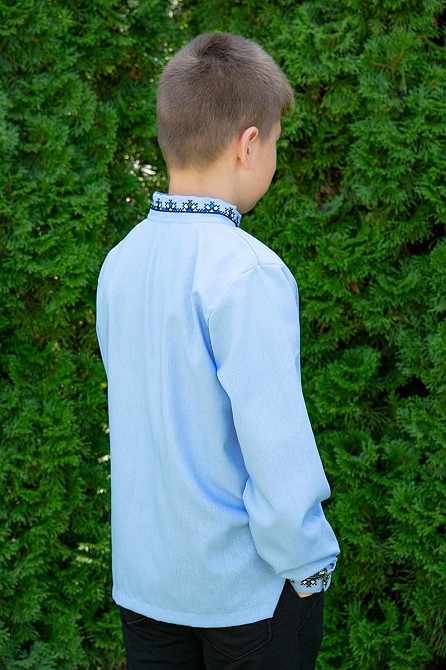 Вышиванка для мальчиков с длинным рукавом льняная, голубая Киев - изображение 4