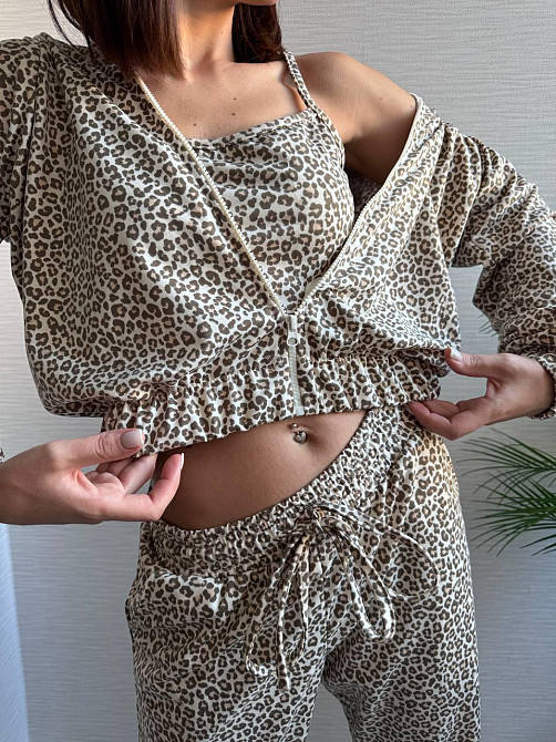 Жіночий леопардовий костюм-трійка з подвійним капюшоном двонитка Беж, 42/44 Одеса - фото 9