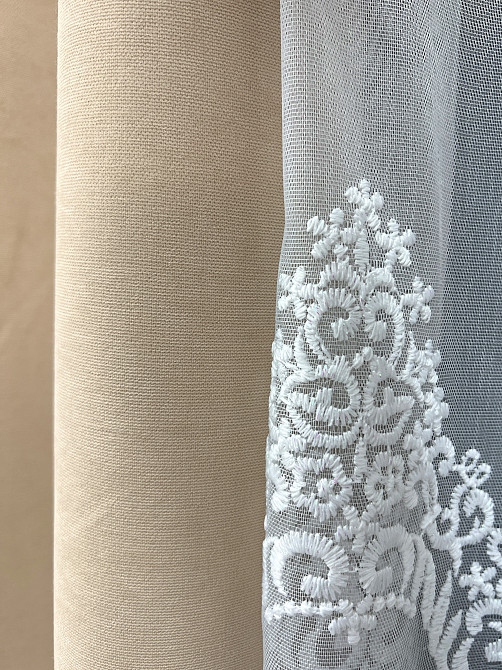 Комплект штор VR-Textil Мікровелюр Petek 150х270 2шт і Тюль 600х270 2013ш-1706т Бежевий з молочним 71-194/5 Київ - фото 5