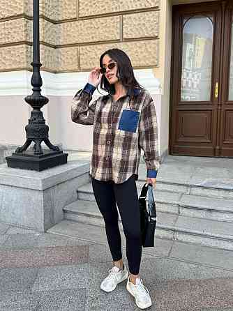 Женская стильная рубашка в клетку с джинсовыми вставками турецкая байка Коричневый, 46/48 Одесса