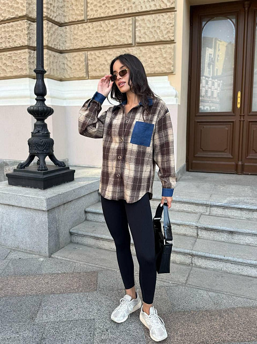 Женская стильная рубашка в клетку с джинсовыми вставками турецкая байка Коричневый, 46/48 Одесса - изображение 4