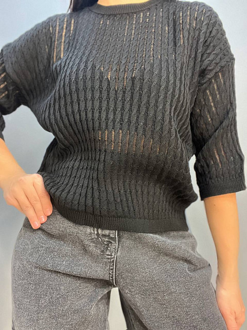 Джемпер женский KARON 10646 полупрозрачный реглан ажурная вязка косичка короткий рукав one size, черный, one size Киев - изображение 9