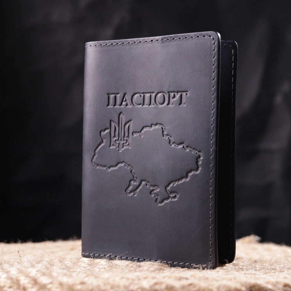 Стильна обкладинка на паспорт у вінтажній шкірі Карта GRANDE PELLE 16770 Чорна Київ - фото 7
