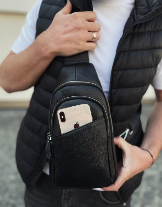 Сумка слінг чоловіча через плече 17х32х8, бананка з натуральної шкіри TIDING BAG A25F-515-1A чорна Київ - фото 8