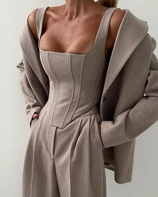 Женский теплый брючный костюм тройка: пиджак топ и штаны кашемир елка Беж, 44 Одесса - изображение 2