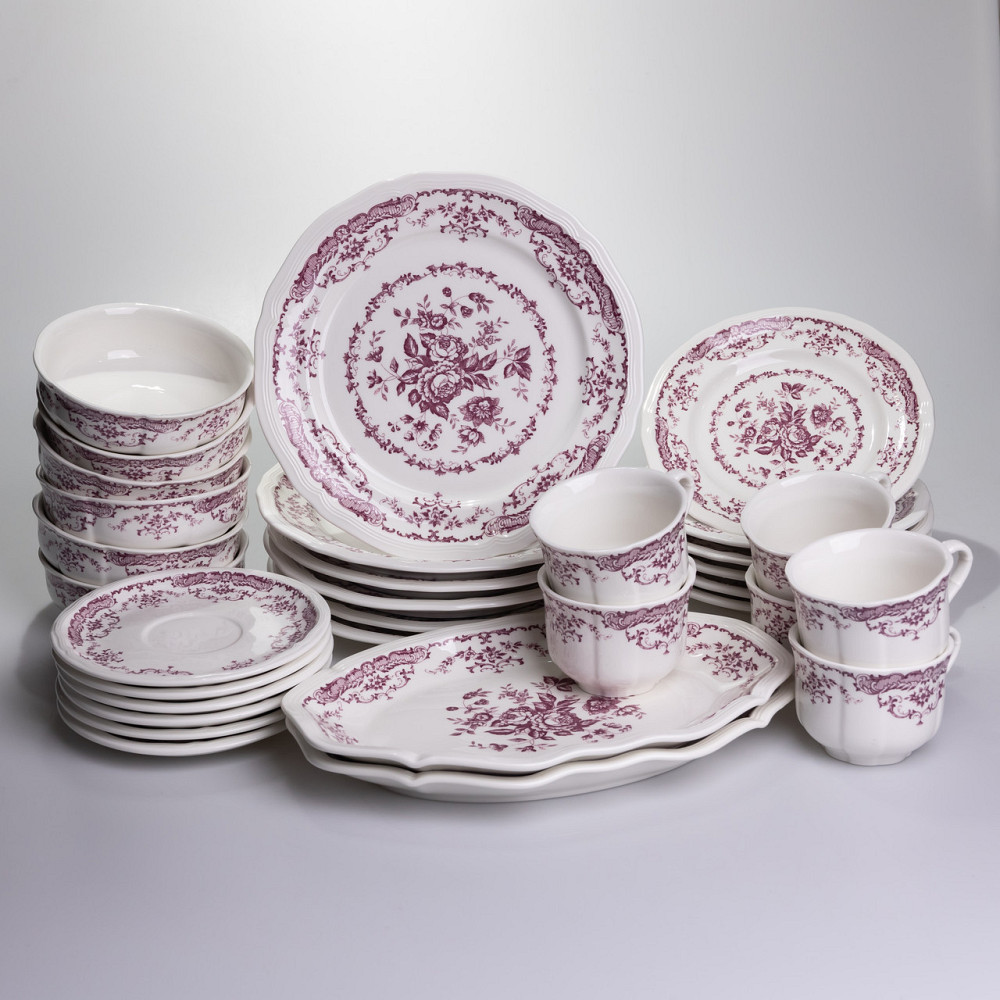 Столовий набір посуду тарілок і чашок 32 предмети на 6 персон «Бордовий Меандр» порцеляновий YY78-3A SBR Київ - фото 1