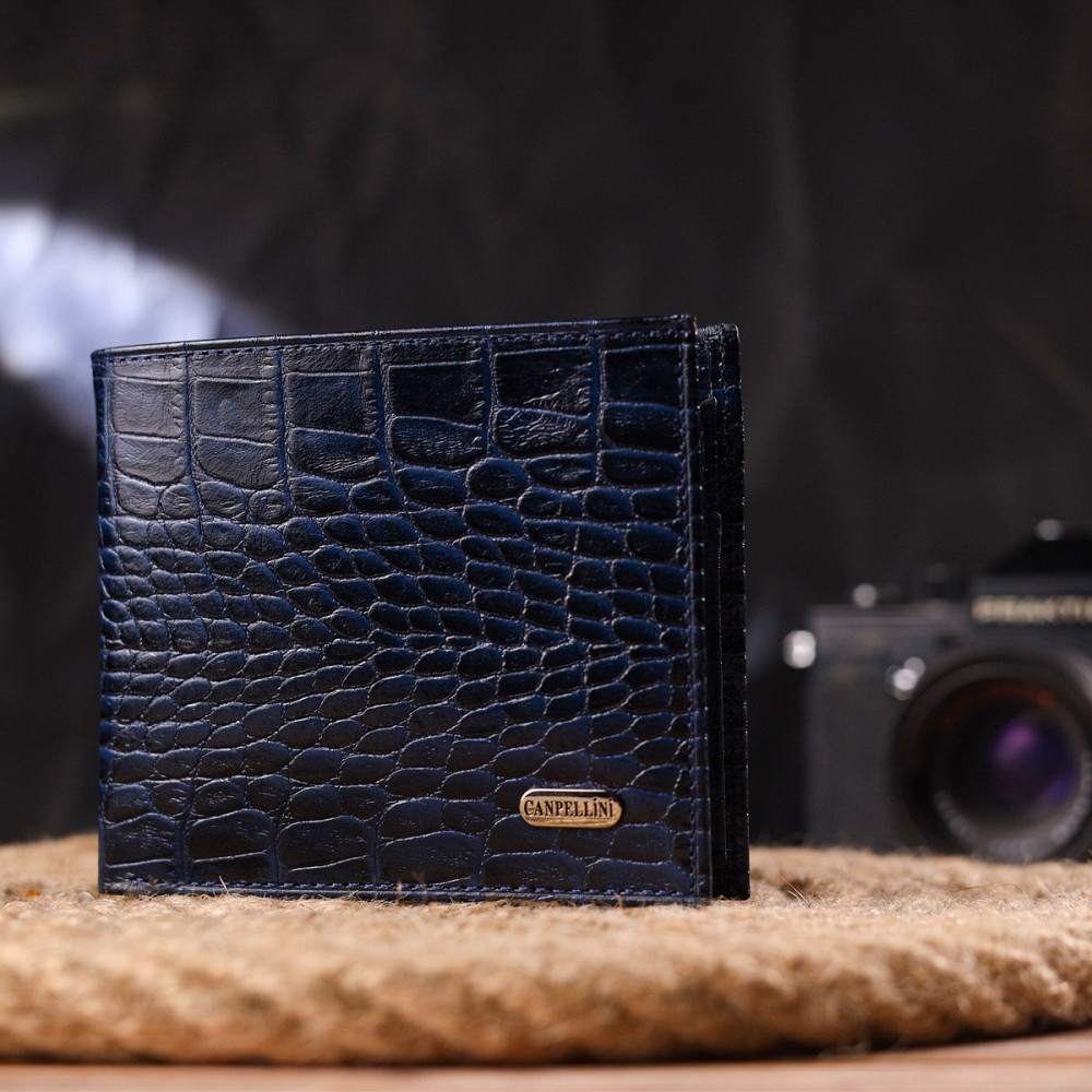 Стильний гаманець для чоловіків у два складення з натуральної шкіри з тисненням під крокодила CANPELLINI 21580 Синій Київ - фото 8