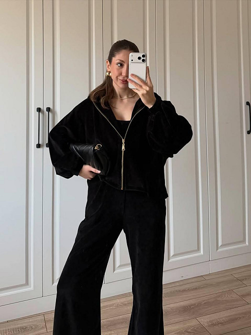 Жіночий стильний костюм-трійка: кофта топ і штани з турецького плюшевого велюру Чорний, 46/48 Одеса - фото 1