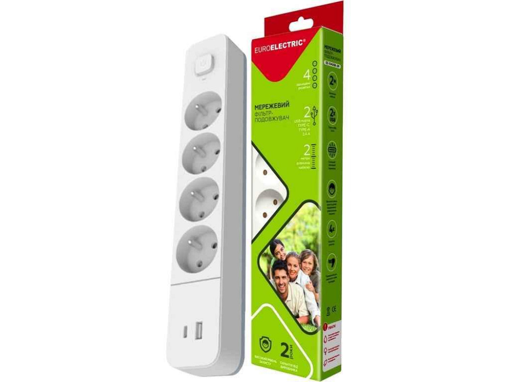 Фільтр мережевий 2м 4 гніздаUSBType-C білий Х4, 10А ТМ EUROELECTRIC Київ - фото 1