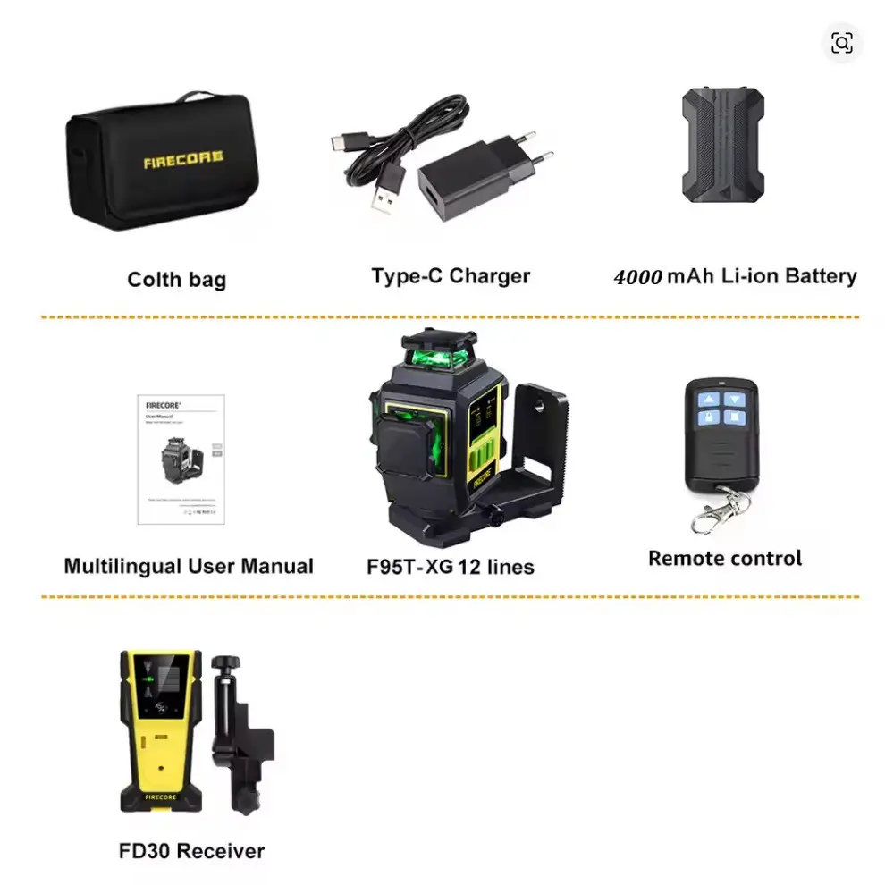 Лазерный уровень нивелир Firecore F95T-XG 4000мА 3D (12 линий) 360 с лазерным приёмником Винница - изображение 2