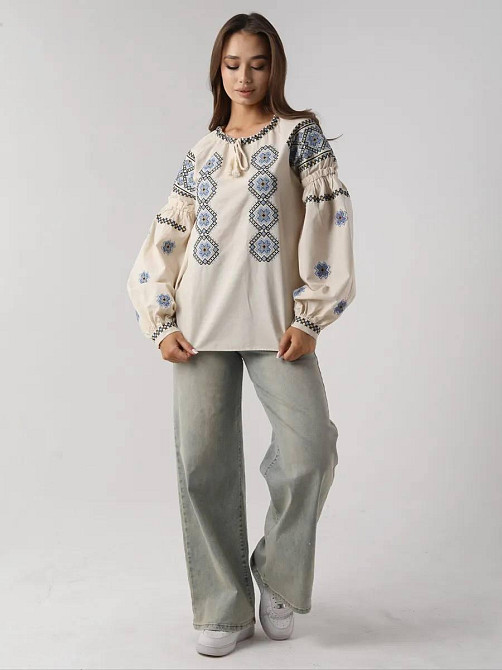 Женская стильная современная вышиванка с завязками 80% хлопок, 20% полиэстер 44 Одесса - изображение 5