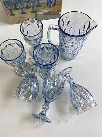 Набір 6 шт. келихів + глечик 1 л. «Дзеркальний Смарагд» 300 мл блакитний колір Київ