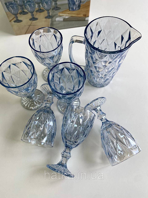 Набір 6 шт. келихів + глечик 1 л. «Дзеркальний Смарагд» 300 мл блакитний колір Київ - фото 1