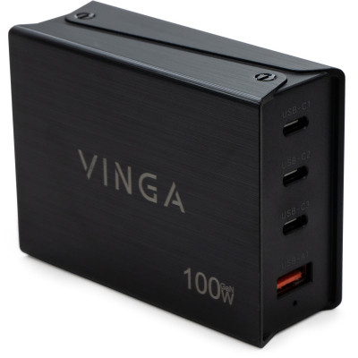 Зарядний пристрій Vinga GaN 100W PD+QC 3C1A ports 1.2m Wired Charger (VCPCH100CB) Вінниця - фото 1