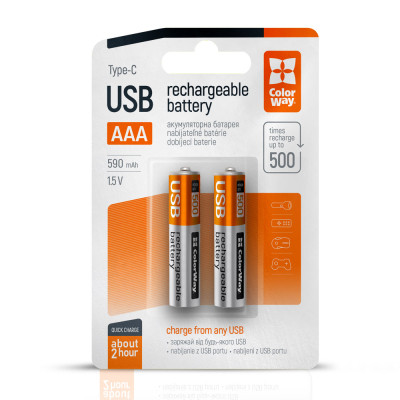 Аккумулятор ColorWay AAА USB-С 590 mAh 1.5V (2шт) (Li-Polymer) (CW-UBAAA-09) Винница - изображение 1