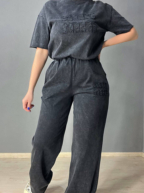 Костюм жіночий YUJIE YISHANG 7401 футболка з брюками тай-дай вишивка чорний, чорний, L Київ - фото 2