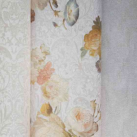 Шпалери метрові вінілові на флізелін Yuanlong Samsara квіти троянди, півонії жовті блакитні на пісочному Київ
