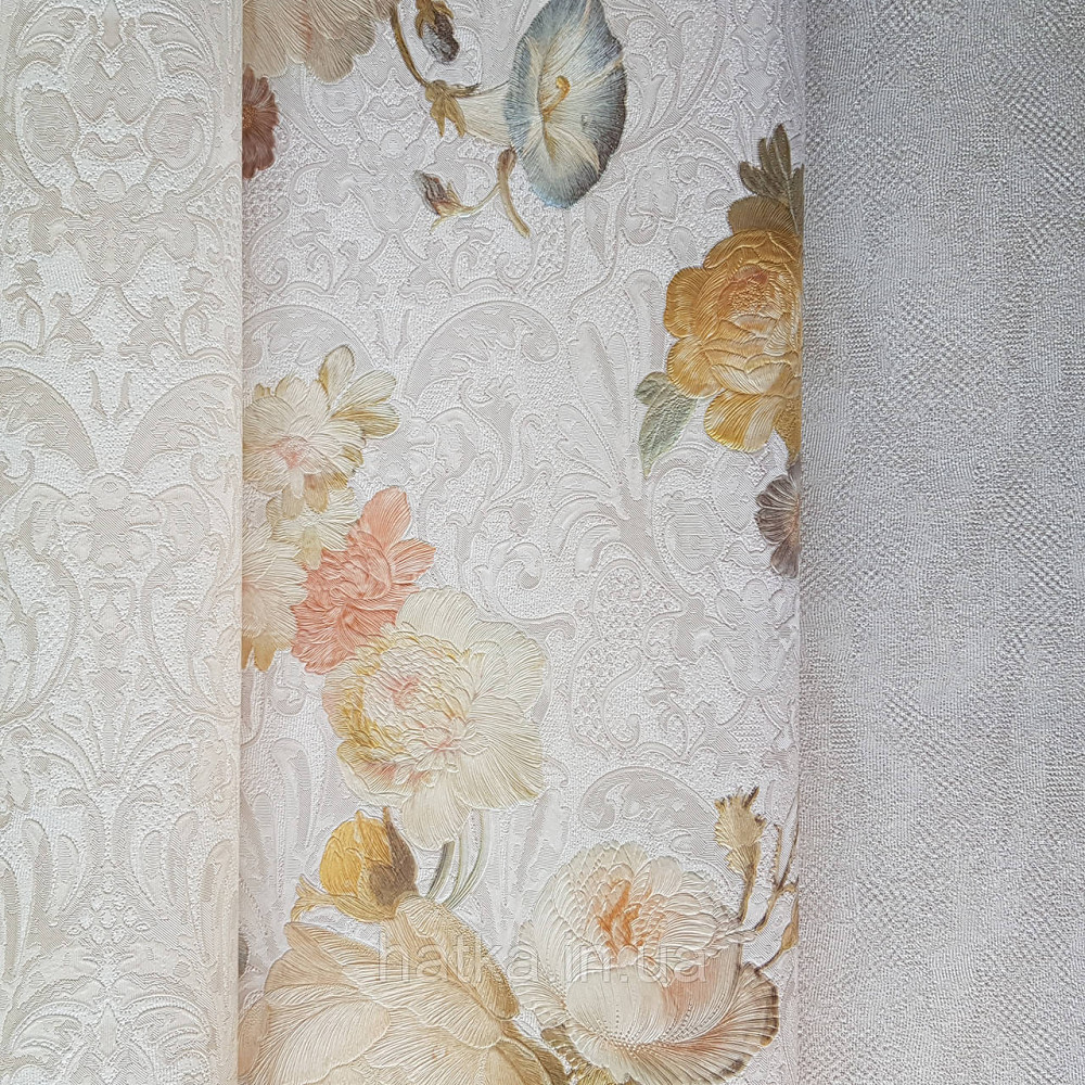 Шпалери метрові вінілові на флізелін Yuanlong Samsara квіти троянди, півонії жовті блакитні на пісочному Київ - фото 2
