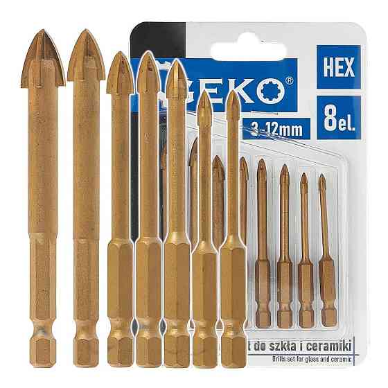 Свердла скла та кераміки "GeKo" з хвостовиком для шуруповерта Hex E6,3 (1/4") комплект  8 шт.  3 - 12 мм Киев
