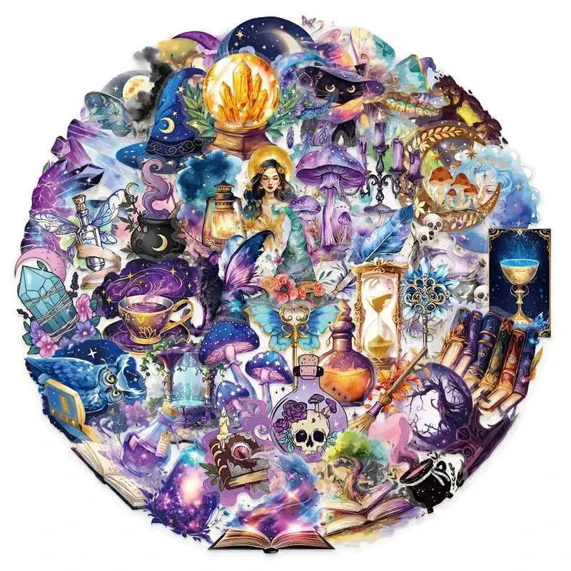Набір наліпок “Магічний світ” – 50 шт. вінілові наклейки з відьмами, кристалами, чорними котами та зіллям Київ - фото 2