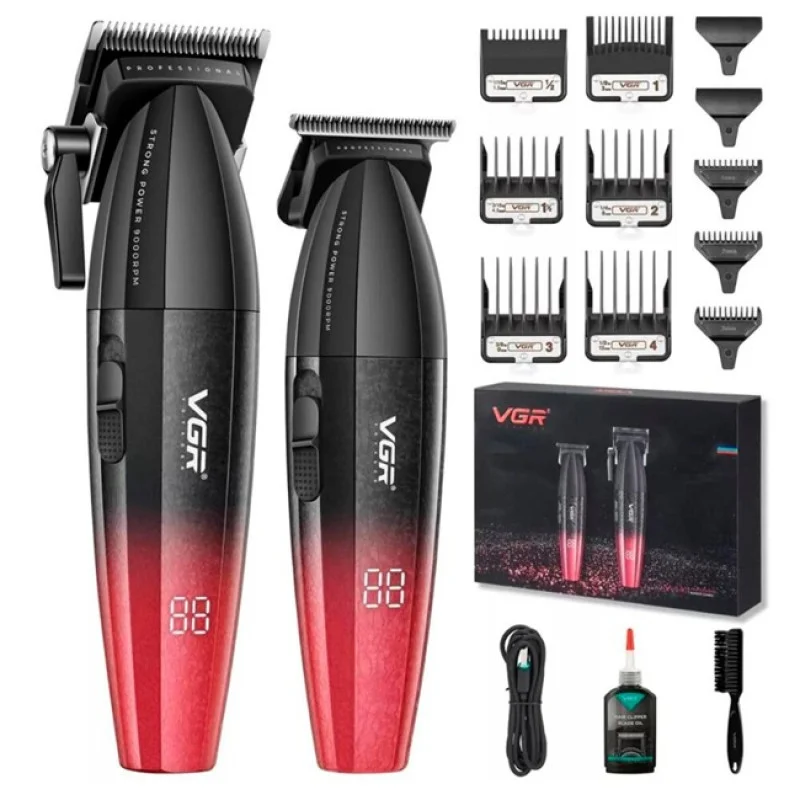 Набір для стрижки 2в1 VGR V-640 S2 Black/Red: машинка + T-тример, DLC-кераміка, 9000 об/хв, LED, USB, чорно-червоний Одеса - фото 1