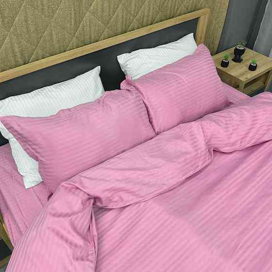 Комплект постільної білизни Страйп-сатин Євро 200х230 з простирадлом на резинці Рожевий (88-180) Київ