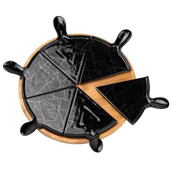 Тарілка для піци 28 см порцелянова з бамбуковою підставкою, що обертається, секційна чорна HP1247 Коломия