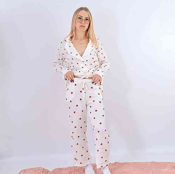 Муслінова жіноча піжама біла з червоними сердечками сорочка + штани 50/52 Кам'янець-Подільський