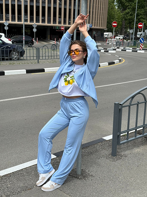 Жіночий костюм оверсайз з широкими штанами з двонитки Блакитний 42/44 Харків - фото 10