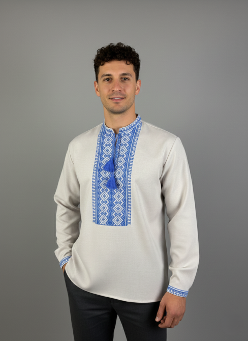 Мужская вышиванка из габардина с голубым орнаментом. Киев - изображение 2
