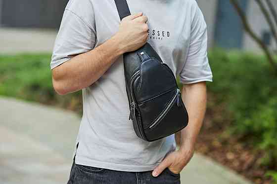 Мужская сумка бананка Tiding Bag (18 х 32 х 7 см) рюкзак на одно плечо из натуральной кожи Черный Киев