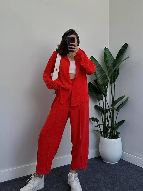 Женский легкий брючный костюм двойка: рубашка и брюки американский креп Красный, 42/44 Одесса - изображение 5