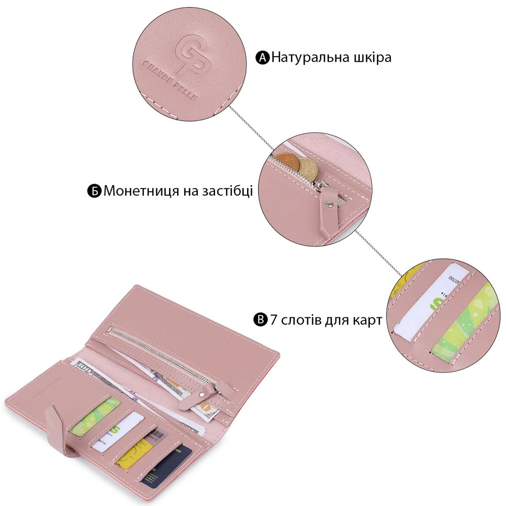 Шкіряне жіноче матове портмоне GRANDE PELLE 11545 Рожевий Київ - фото 4